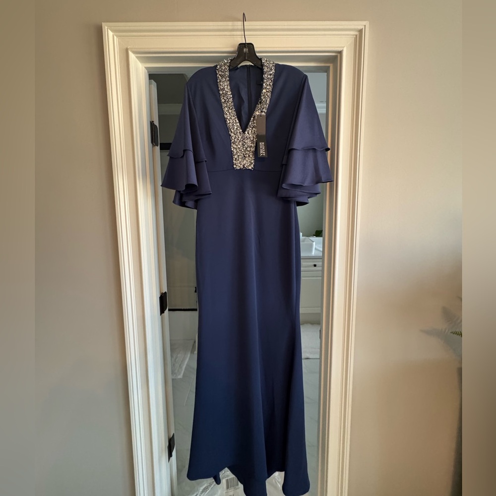 Badgley Mischka Fierce Teared Sleeve Gown with Plunging Neckline